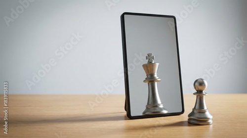 Chess pawn in mirror seeing king reflection, ambition self confidence concept