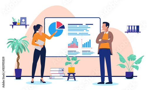 Professional business woman giving a presentation or training session, pointing to a board with pie charts and bar graphs while a male colleague listens, flat design vector illustration