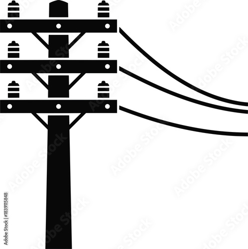 Black silhouette vector icon of a wooden utility pole with multiple power lines and insulators, representing electrical distribution, urban infrastructure, energy transmission, 