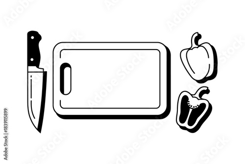 Cutting board with knife and fresh bell pepper illustration, ideal for cooking preparation concepts, culinary artwork, recipe illustrations, kitchen design visuals, food graphics, and creative project