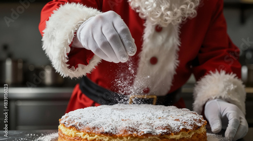 Santa Claus dusting a delicious cake with powdered sugar in a kitchen setting