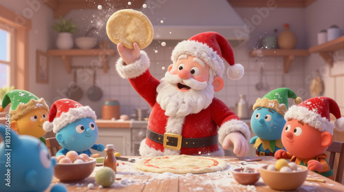 Santa Claus and elves baking Christmas cookies in a cozy kitchen setting