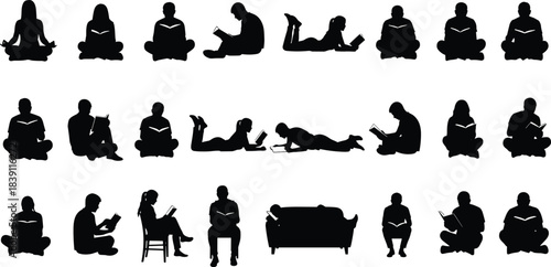 Collection of vector silhouettes: people reading books in diverse sitting, lying, and resting poses, perfect for education, study, and lifestyle graphic design stock.