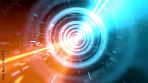Abstract Circular Tunnel of Blue and Orange Light with Bright Energy Beam and Rotating Motion in Depth