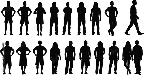 Diverse Group of People Silhouettes Collection Set Vector Illustration, Full Body Standing and Walking Figures for Crowd, Community, Business, and Casual Graphic Design Assets