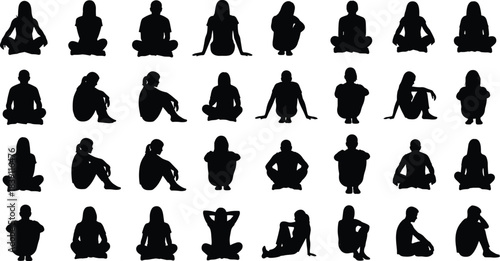 Diverse Group of People Silhouettes Sitting in Various Meditative, Relaxed, and Casual Poses, Isolated Black Vector Icons for Design, Health, Wellness, Yoga, and Lifestyle Concepts