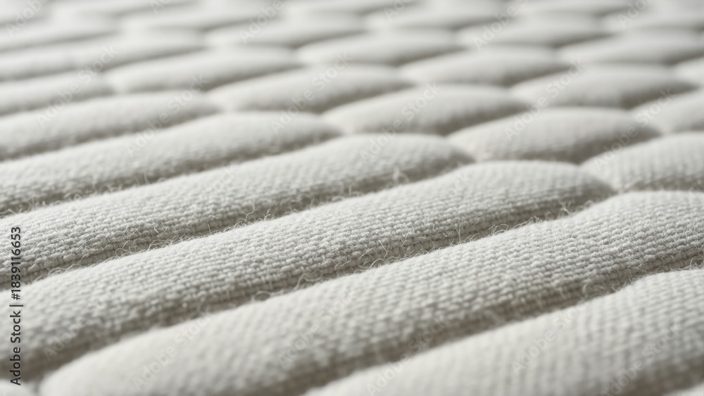 Fototapeta premium Detailed close-up of soft white quilted fabric texture. Padded mattress surface with repeating pattern. Abstract background of comfortable textile material