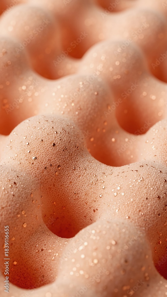 Fototapeta premium Macro of soft peach foam texture with sparkling golden glitter. Convoluted egg-crate pattern as abstract background