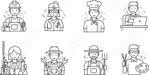 Diverse Professional Occupations: Builder, Nurse, Chef, Office Worker, Scientist, Mechanic, Farmer, and Artist Icons Representing Careers, Trades, and Essential Services Line Art Vector