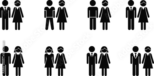 Diverse Relationship Pictograms, Vector Icons Representing People, Partnership, Gender, Social Dynamics, Couple, Family, Man and Woman Black Silhouettes, Minimalist Modern Design, Symbolism.
