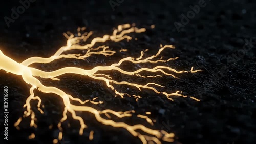Bioluminescent Golden Roots Spreading Through Dark Soil 