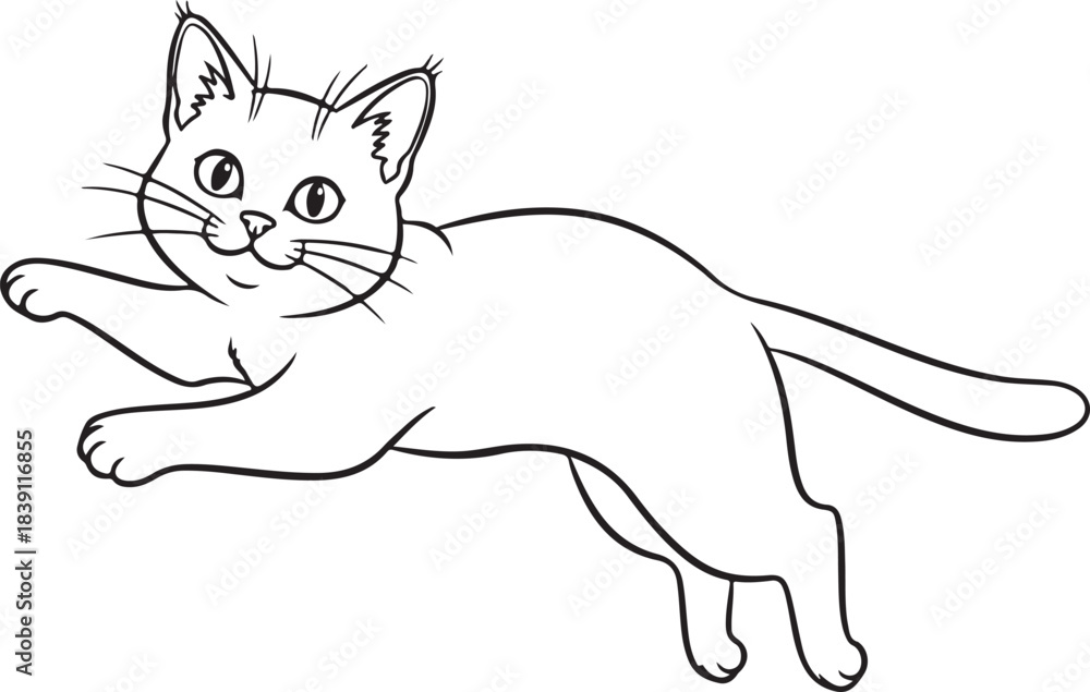 Obraz premium Whimsical cat in jumping pose with arched back, extended paws, pointed ears, expressive eyes, and trailing tail. Continuous thin black outline vectors on clear background, aligning with popular simple