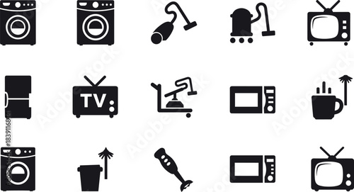 Essential Household Electronics and Home Appliance Icons for Modern Digital Design Projects Including Washing Machines, Televisions, Vacuum Cleaners, Microwaves, and Small Kitchen Blenders, 