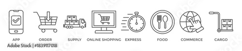 Delivery service banner web icon vector illustration concept with icon of app, order, online shopping, supply, fast, food, commerce, and cargo
