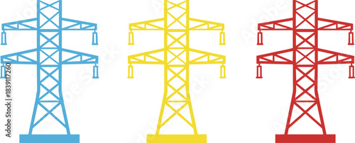 High Voltage Power Line Pylon Transmission Towers in Bright Primary Colors: Blue, Yellow, Red, Illustrating Electrical Infrastructure, Energy Distribution
