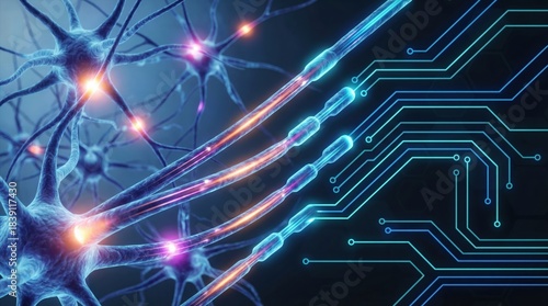 Neurons merging with circuit board lines, artificial intelligence concept