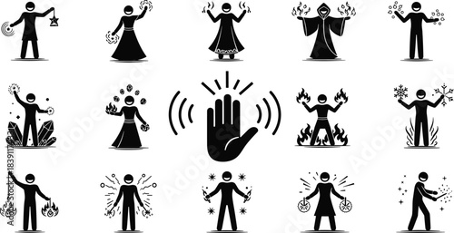 Magic Wizard Sorcerer Characters Icon Set: Diverse Mystical Fantasy Magician Figures Performing Powerful Elemental Spells, Wielding Celestial, Fire, Ice, Crystal, Light, 