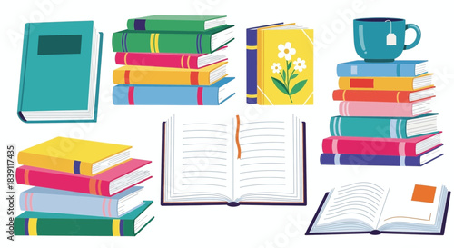 Collection of colorful books, open book, and tea cup vector art.