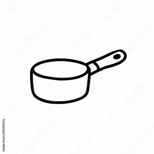 Minimalist black outline drawing of a cooking pot or saucepan with a handle. Simple kitchenware vector doodle for culinary and food preparation designs