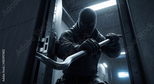 Masked burglar breaking into a metal door with a crowbar in a dark, rainy alleyway.