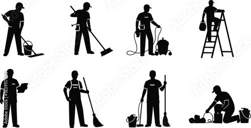 Professional Commercial Cleaning and Janitorial Services Silhouette Vector Set, Maintenance Worker Staff, Diverse Cleaners Using Mop, Vacuum, Broom, and Tools for Office, Home,