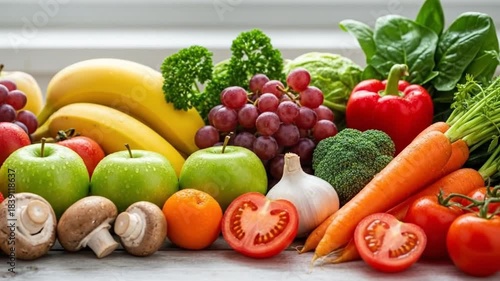 Assorted Fresh Fruits and Vegetables on Table