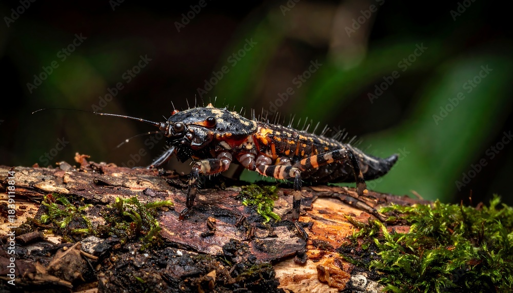 Obraz premium Spiky insect crawling on a mossy branch, detailed macro shot showcasing the insect's intricate patterns and textures