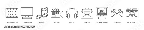 Multimedia banner web icon vector illustration concept with icon of animation, computer, music, video, audio, email, streaming, gaming and internet