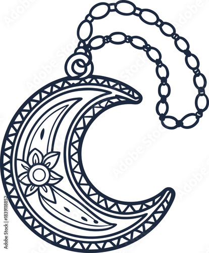 Ornamental crescent moon pendant with floral pattern and beaded chain outline illustration