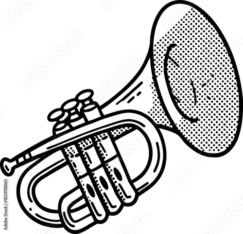 Trumpet illustration in vintage engraving style, musical brass instrument with retro dots texture