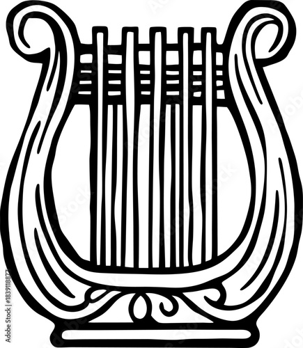 Ancient lyre outline classical stringed musical instrument icon with decorative curved frame