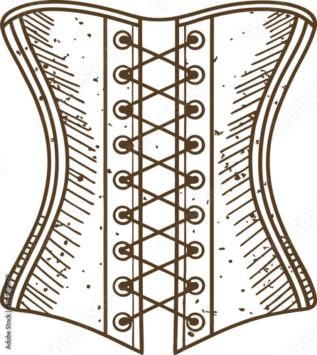 Vintage lace up corset illustration retro victorian waist cincher with grunge texture and decorative stitching