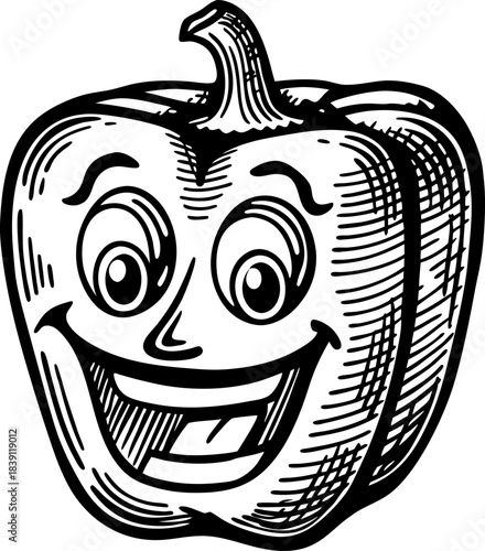Smiling bell pepper character happy vegetable mascot illustration, retro engraving line art