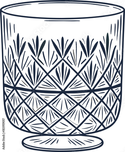 Vintage etched glass tumbler illustration with geometric cut crystal pattern on pedestal base