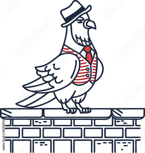 Dapper pigeon in hat and striped vest standing proudly on brick wall, stylish urban bird illustration