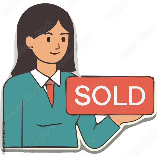 Woman In Teal Blazer And White Shirt With Orange Tie Holding A Red Sold Sign In A Simple Minimalist Style