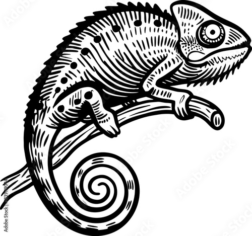 Chameleon perched on branch detailed black and white engraving reptile illustration