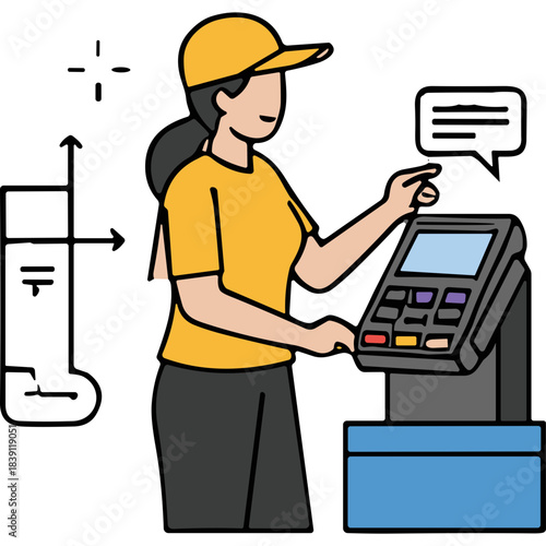 Woman in yellow cap and t shirt operating a digital payment terminal in a store setting with a speech bubble above the screen