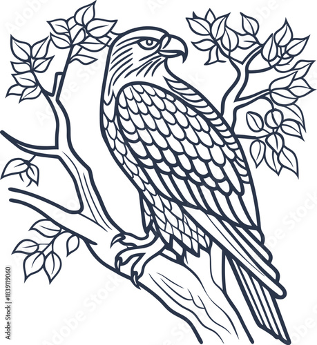 Majestic eagle perched on tree branch, detailed vintage line art illustration of wild raptor