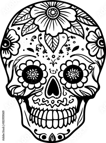 decorative sugar skull with floral patterns intricate ornamental skull design, black and white illustration