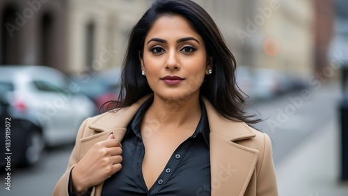 Confident Indian Businesswoman in Camel Trench Coat Walking on City Street Portrait