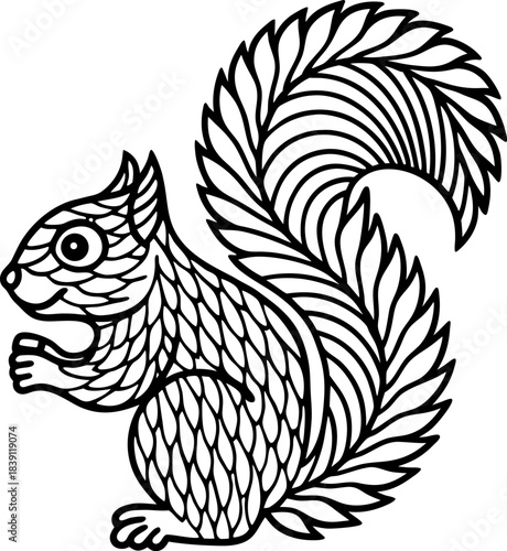 Squirrel zentangle illustration with intricate decorative pattern and ornate tail design