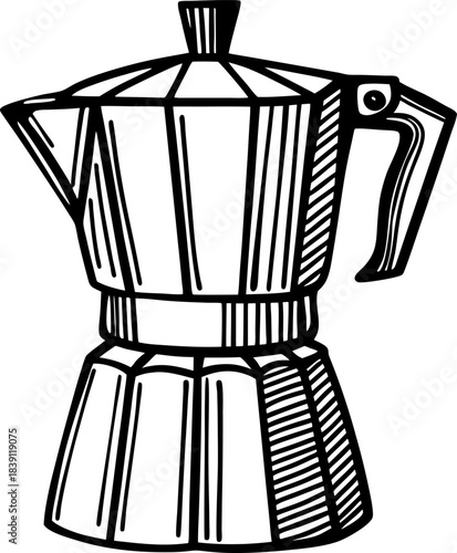Moka pot outline illustration of classic stovetop espresso maker with geometric metal body