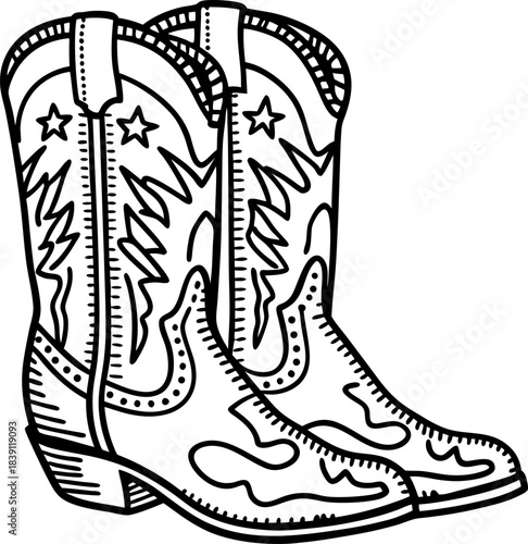 Hand drawn western cowboy boots with decorative stitching, stars, and classic country