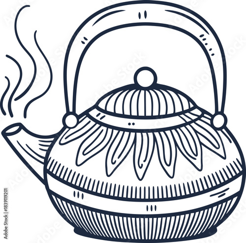 hand drawn vintage teapot with floral ornament and steam, retro kitchen utensil illustration