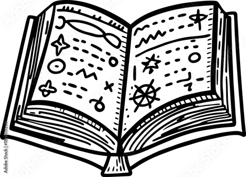 Open magical spellbook with mystical symbols, enchanted pages and mysterious handwritten arcane markings