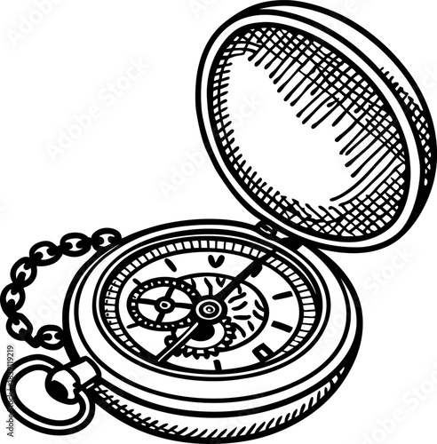 Open pocket watch compass illustration with vintage mechanical gears and detailed sketch