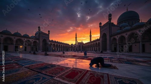 Muslim Man Praying at Mosque during Sunset