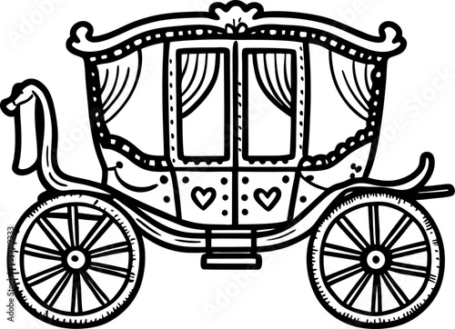 Vintage royal carriage with ornate wheels and heart decorations, fairytale princess coach illustration