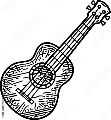 Acoustic guitar sketch illustration with rustic hand drawn lines and musical instrument theme